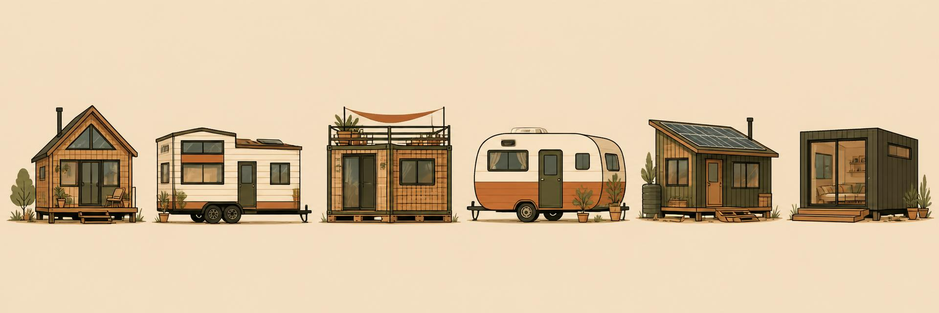 Illustrated lineup of six tiny home styles by TinyHome-Revolution.com: classic wooden cabin, modern travel trailer, container home with roof deck, vintage caravan, rustic solar cabin, and modern modular unit