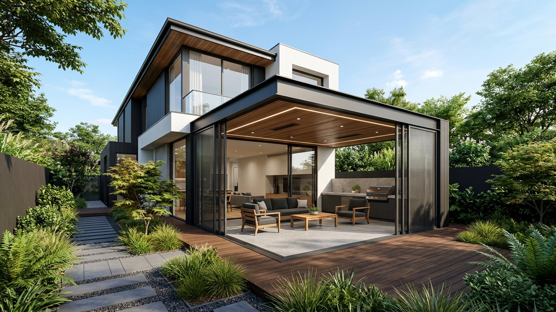Alfresco Extension backyard landscaping concept Forward Looking A roofed alfresco that reads as part of the house, with sliding screens. Images Created by www.TinyHome-Revolution.com