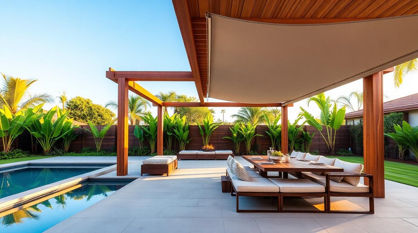 outdoor lounge and dining furniture under a wooden pergola beside a swimming pool with shade canopy. Images Created by www.TinyHome-Revolution.com