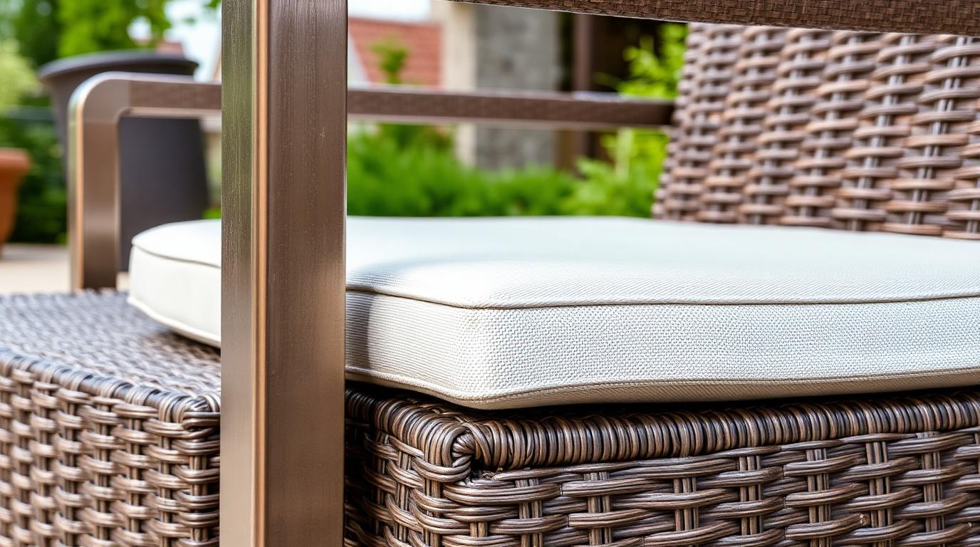 close up of durable outdoor furniture construction showing aluminium frame hardwood and synthetic weave fabric. Images Created by www.TinyHome-Revolution.com