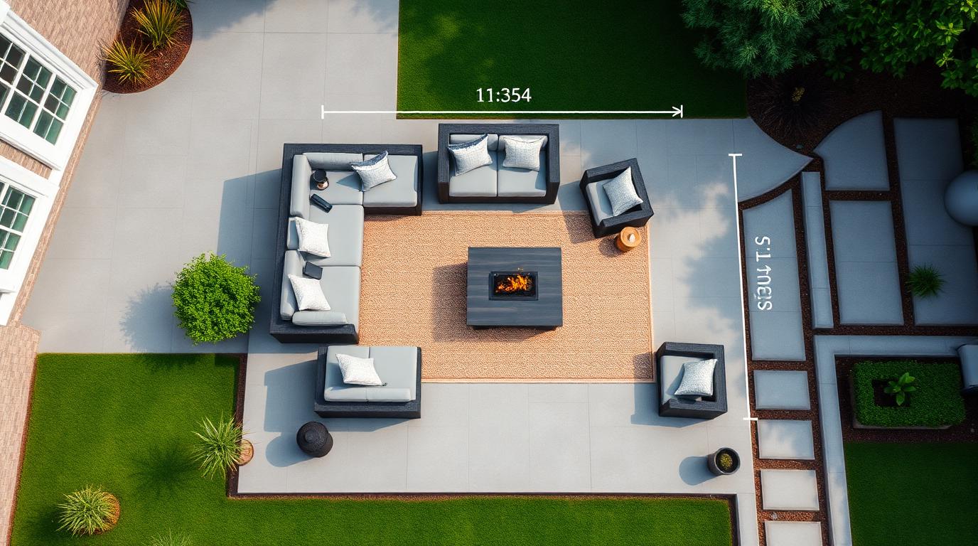 aerial top down view of outdoor patio with measured furniture placement zones and walkway clearances. Images Created by www.TinyHome-Revolution.com