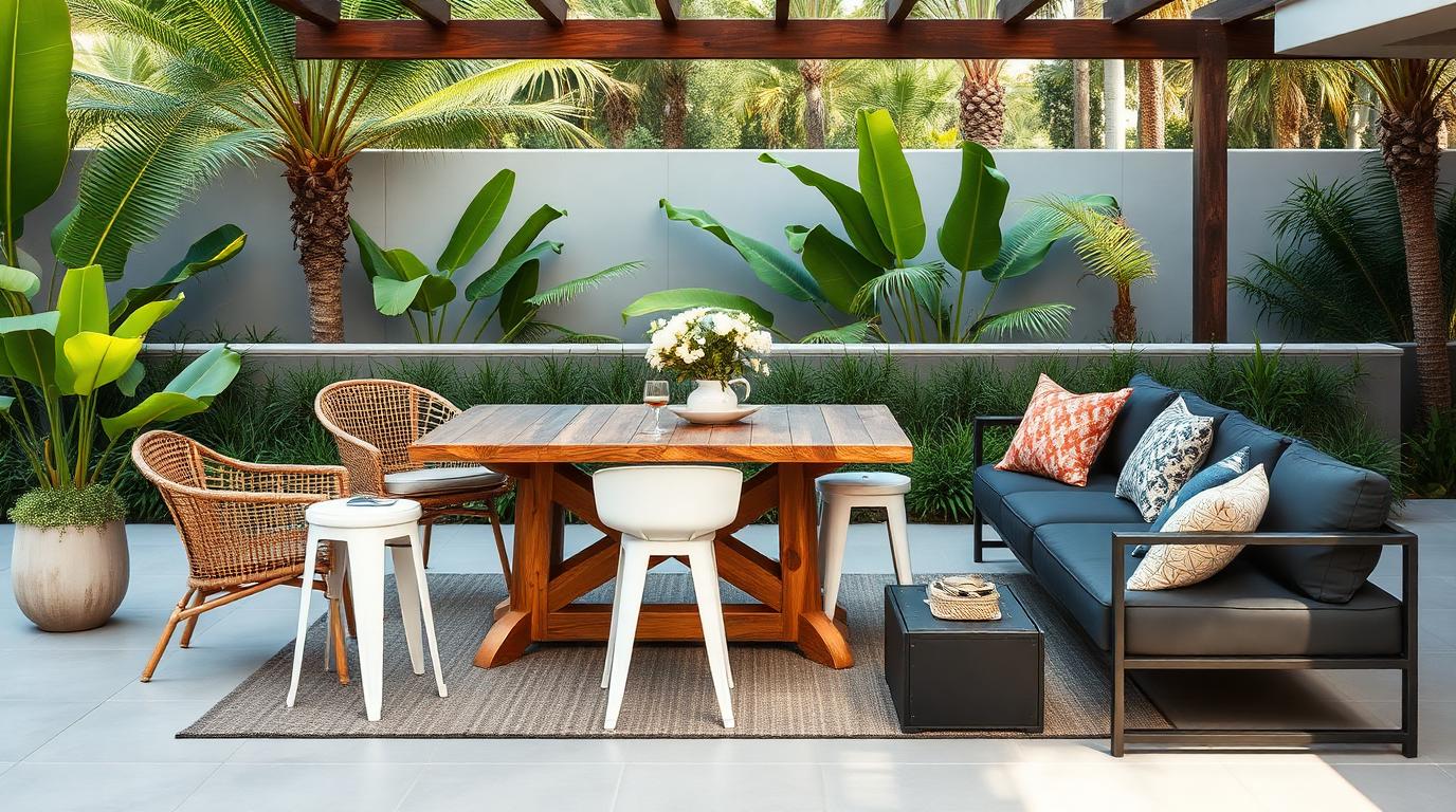 outdoor furniture materials mood board rustic timber woven cane white aluminium and dark steel on a modern patio. Images Created by www.TinyHome-Revolution.com