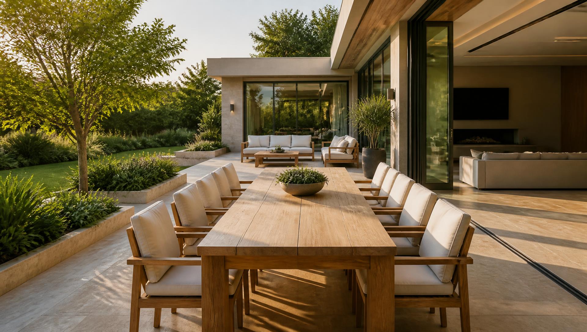 Solid Timber Terrace Setting backyard design Forward Looking Heavy solid teak dining and lounge furniture set on a travertine terrace. Images Created by www.TinyHome-Revolution.com