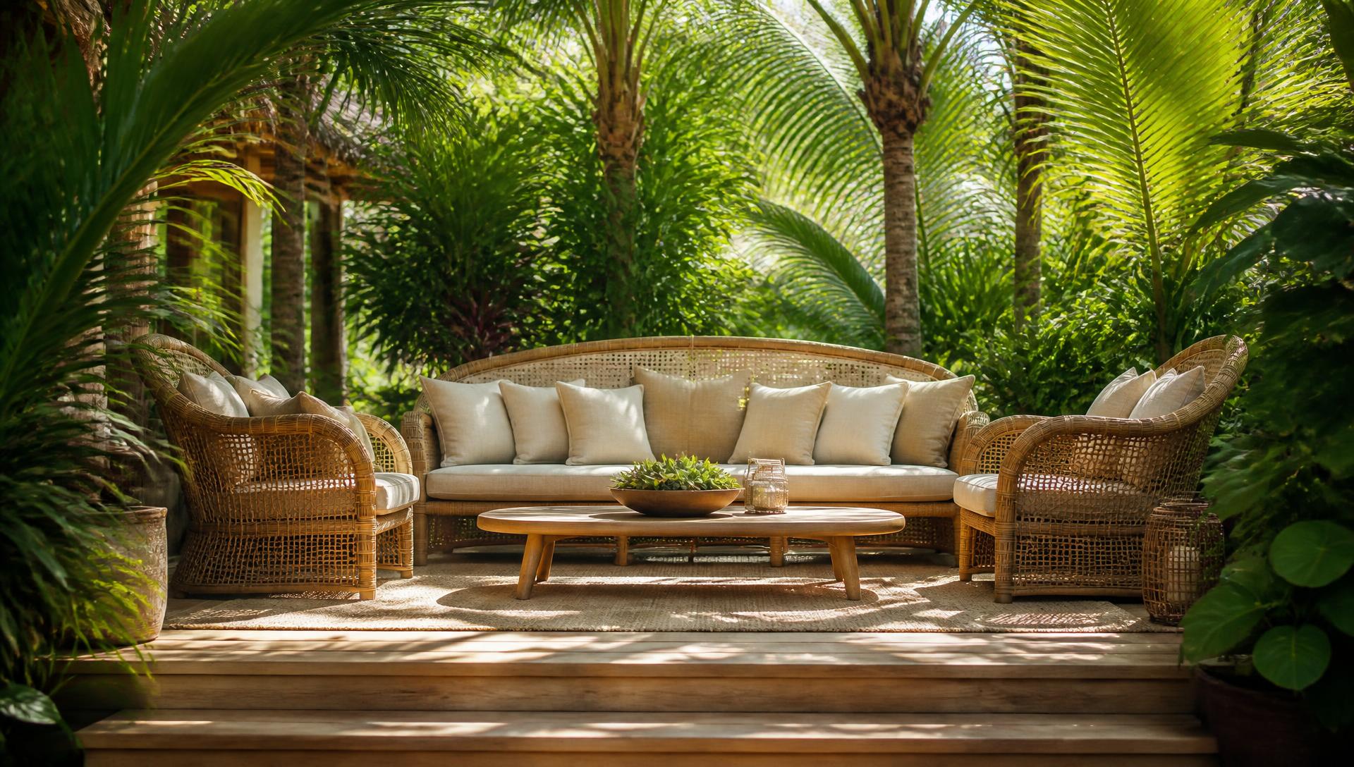 Woven Cane Tropical Lounge backyard design Forward Looking Oak coloured woven cane lounges, a round cane dining table and a. Images Created by www.TinyHome-Revolution.com