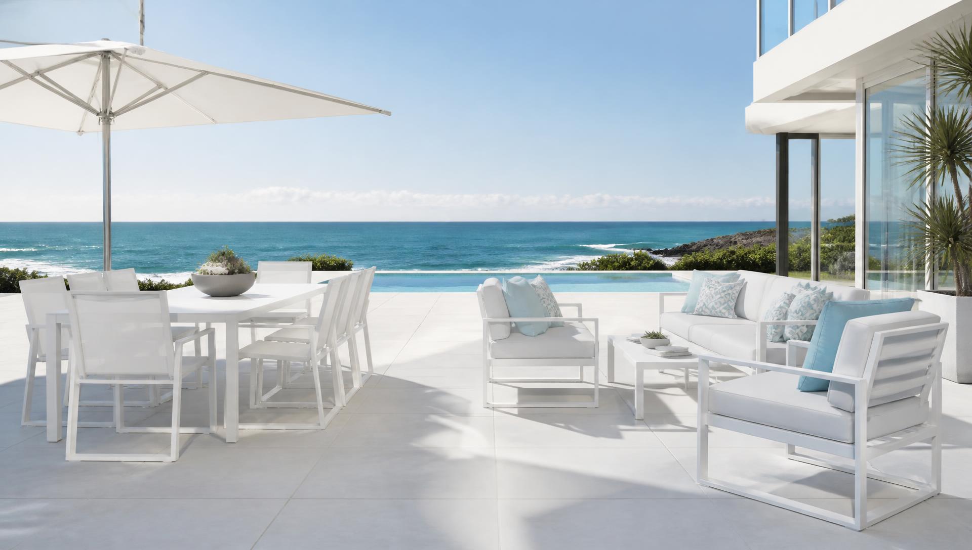White Aluminium Poolside Living backyard design Forward Looking Crisp white powder coated aluminium dining, lounge and sun lounge furniture along. Images Created by www.TinyHome-Revolution.com