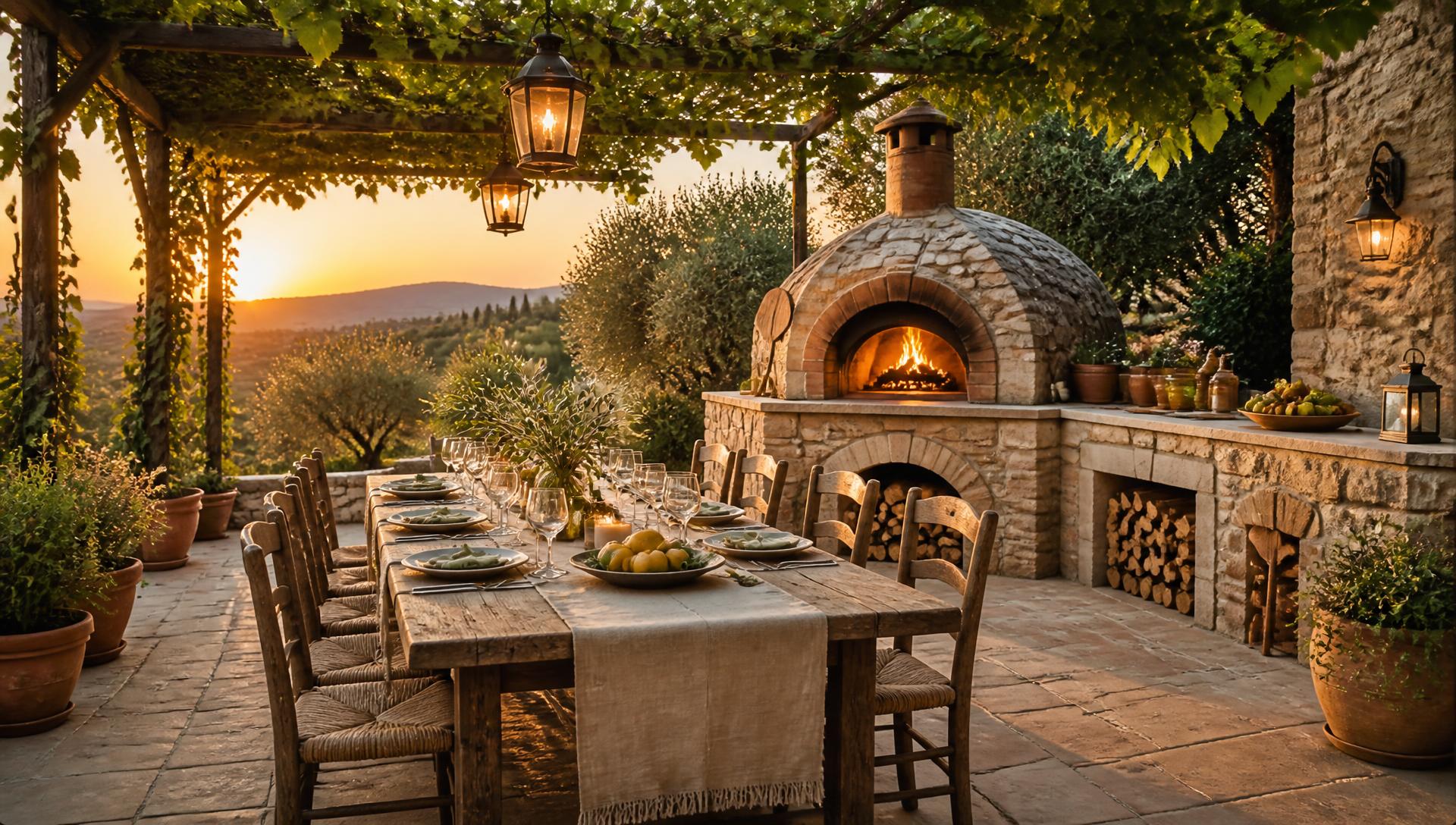 Tuscan Pizza Oven Courtyard backyard design Forward Looking A long rustic olive timber table with rush seat chairs faces a. Images Created by www.TinyHome-Revolution.com