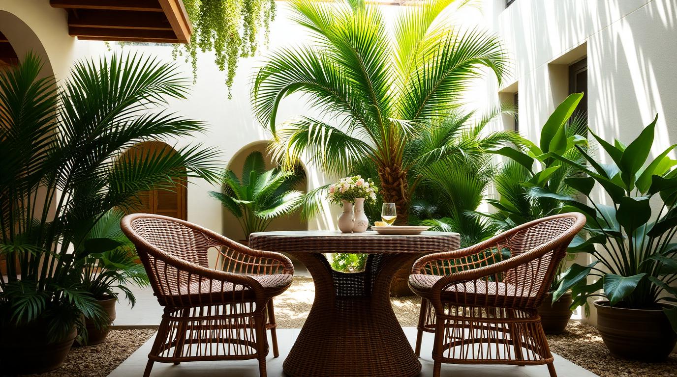 Round Woven Cane Dining Setting outdoor furniture Outdoor dining A four seat round setting for coffee, breakfast and small courtyards. Images Created by www.TinyHome-Revolution.com