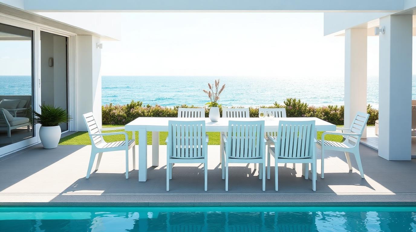 White Aluminium Extension Table outdoor furniture Outdoor dining The flexible workhorse of coastal homes. It sits at six seats every. Images Created by www.TinyHome-Revolution.com