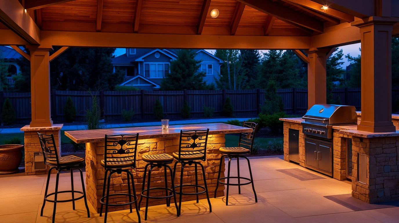 Bar Height Table & Stool Setting outdoor furniture Outdoor dining Standing height seating that puts guests at eye level with. Images Created by www.TinyHome-Revolution.com