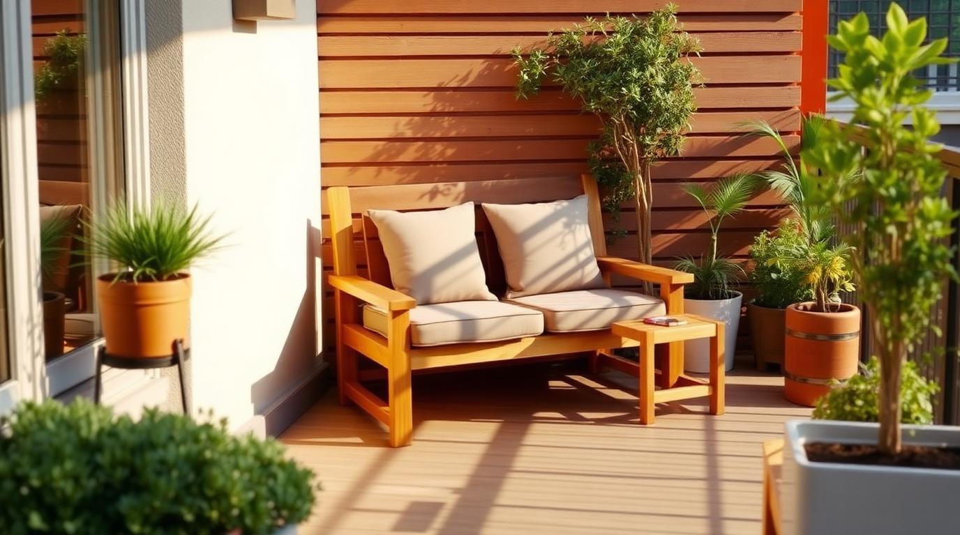 Two Seat Loveseat & Side Tables outdoor furniture Formal lounge seating The right answer for balconies, courtyards and narrow side. Images Created by www.TinyHome-Revolution.com