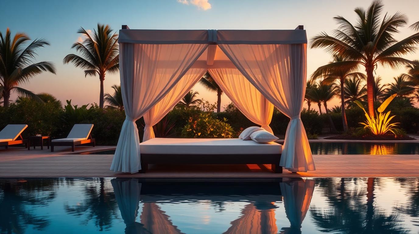 Canopy Daybed with Curtains outdoor furniture Pool & sun lounging A resort style retreat for reading, napping and shade on. Images Created by www.TinyHome-Revolution.com