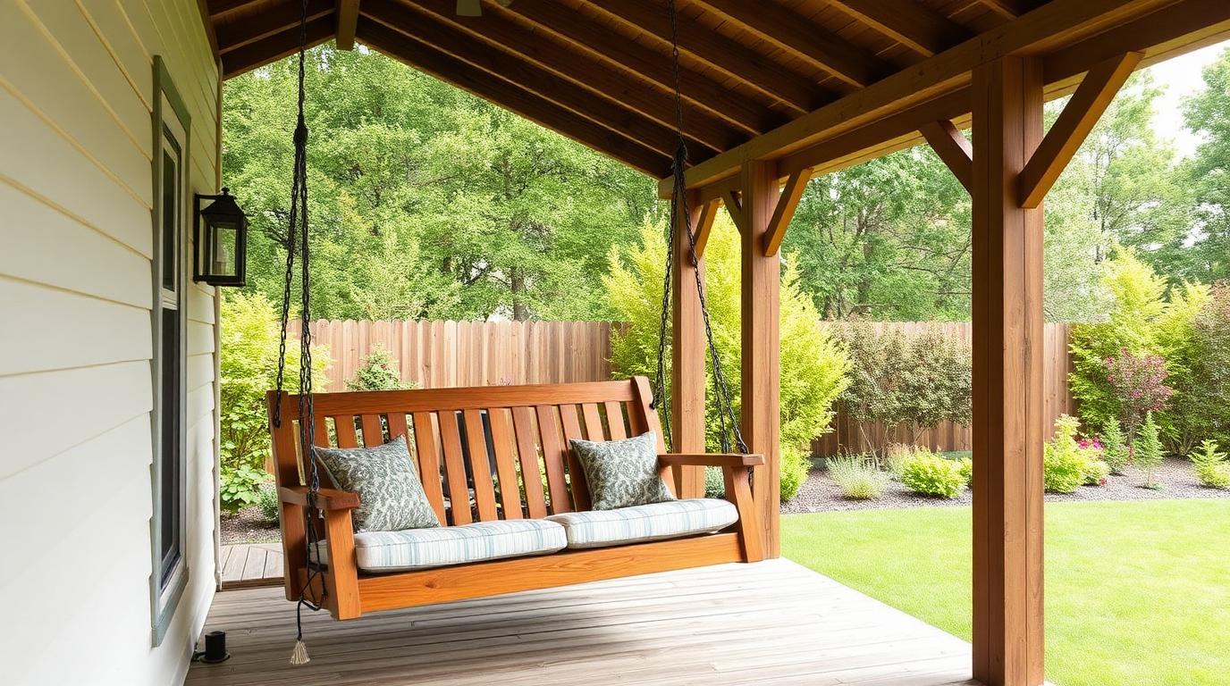 Timber Swing Bench Seat outdoor furniture Casual & relaxed seating Relaxed two person seating with a gentle rocking motion. It. Images Created by www.TinyHome-Revolution.com