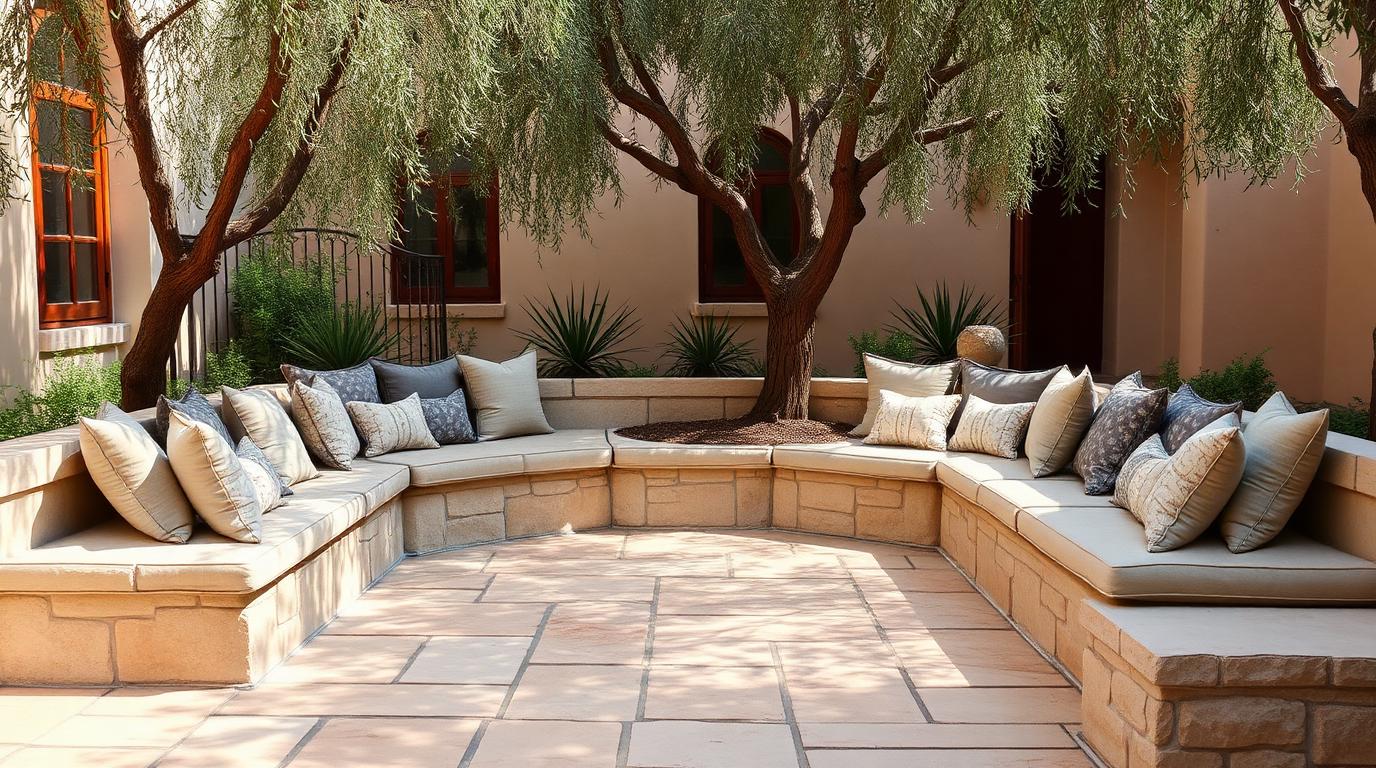Built-In Bench Seating with Cushions outdoor furniture Formal lounge seating Permanent seating that maximises a small courtyard. Because it hugs. Images Created by www.TinyHome-Revolution.com