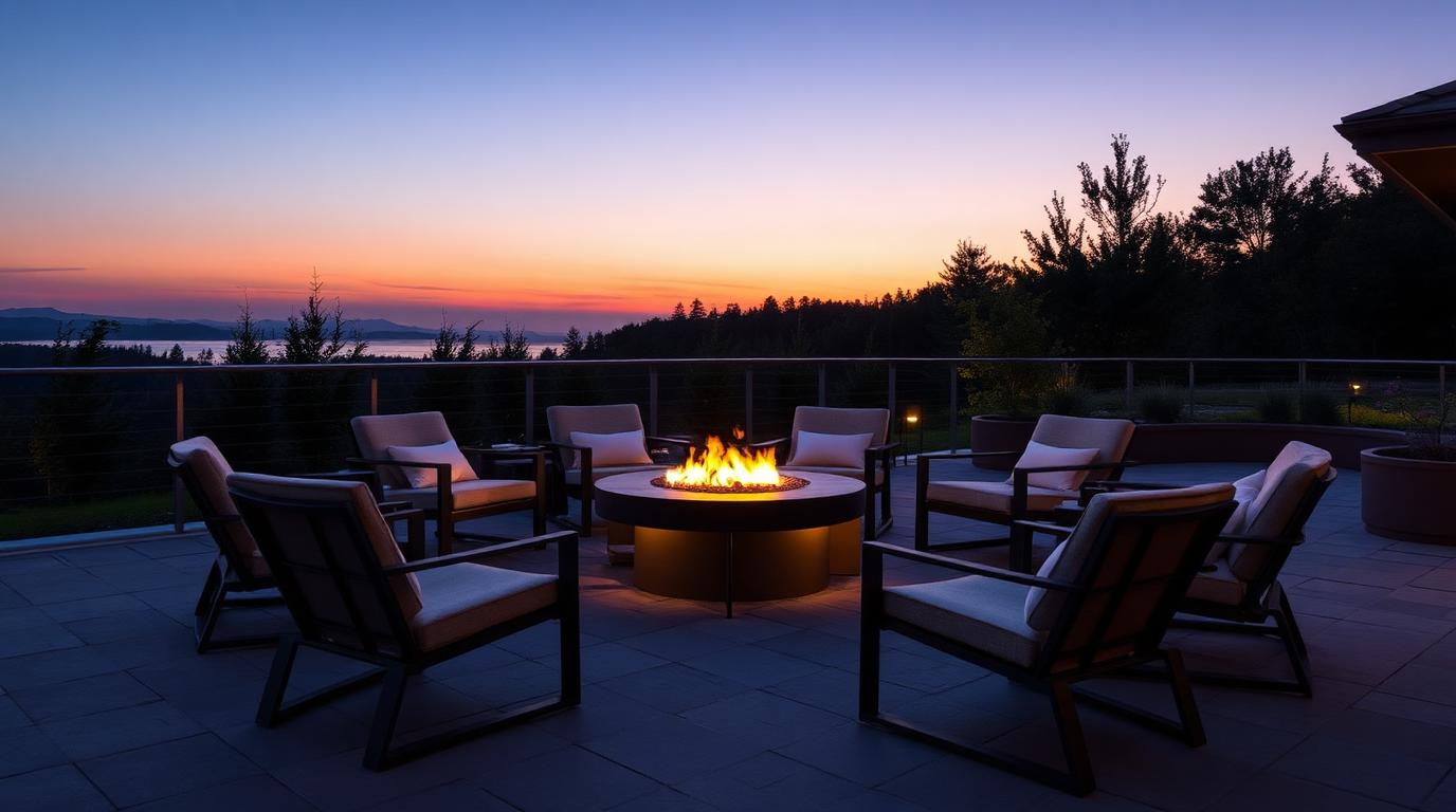 Firepit Lounge Chair Circle outdoor furniture Casual & relaxed seating Low slung chairs arranged around a fire table to turn. Images Created by www.TinyHome-Revolution.com