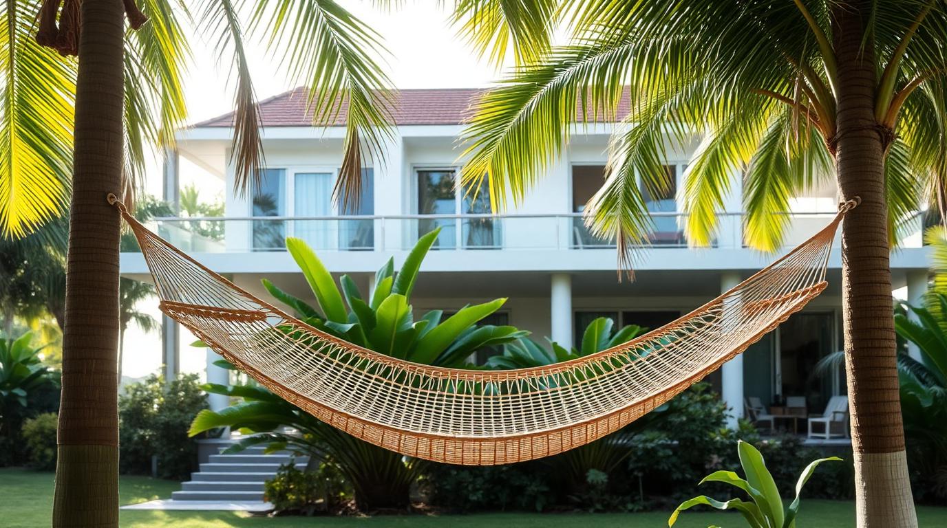 Woven Garden Hammock outdoor furniture Exotic & statement pieces Pure relaxation for very little money or floor space. A hammock. Images Created by www.TinyHome-Revolution.com
