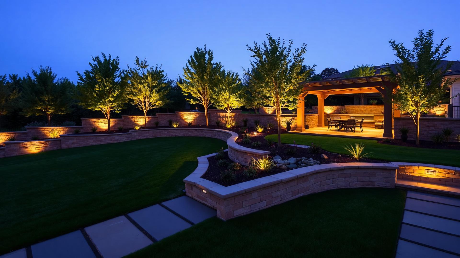Completed luxury landscape design at twilight with stone terraces uplit trees and pergola dining. Images Created by www.TinyHome-Revolution.com