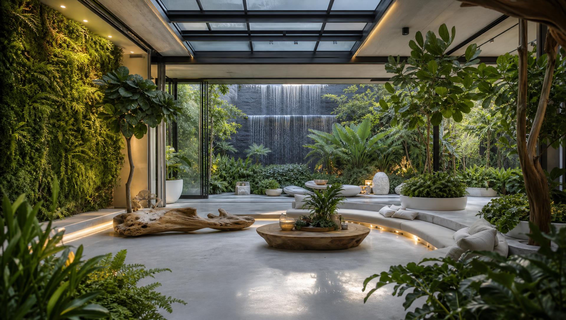 Biophilic indoor-outdoor garden room with moss walls waterfall smart glass roof and tropical plants. Images Created by www.TinyHome-Revolution.com
