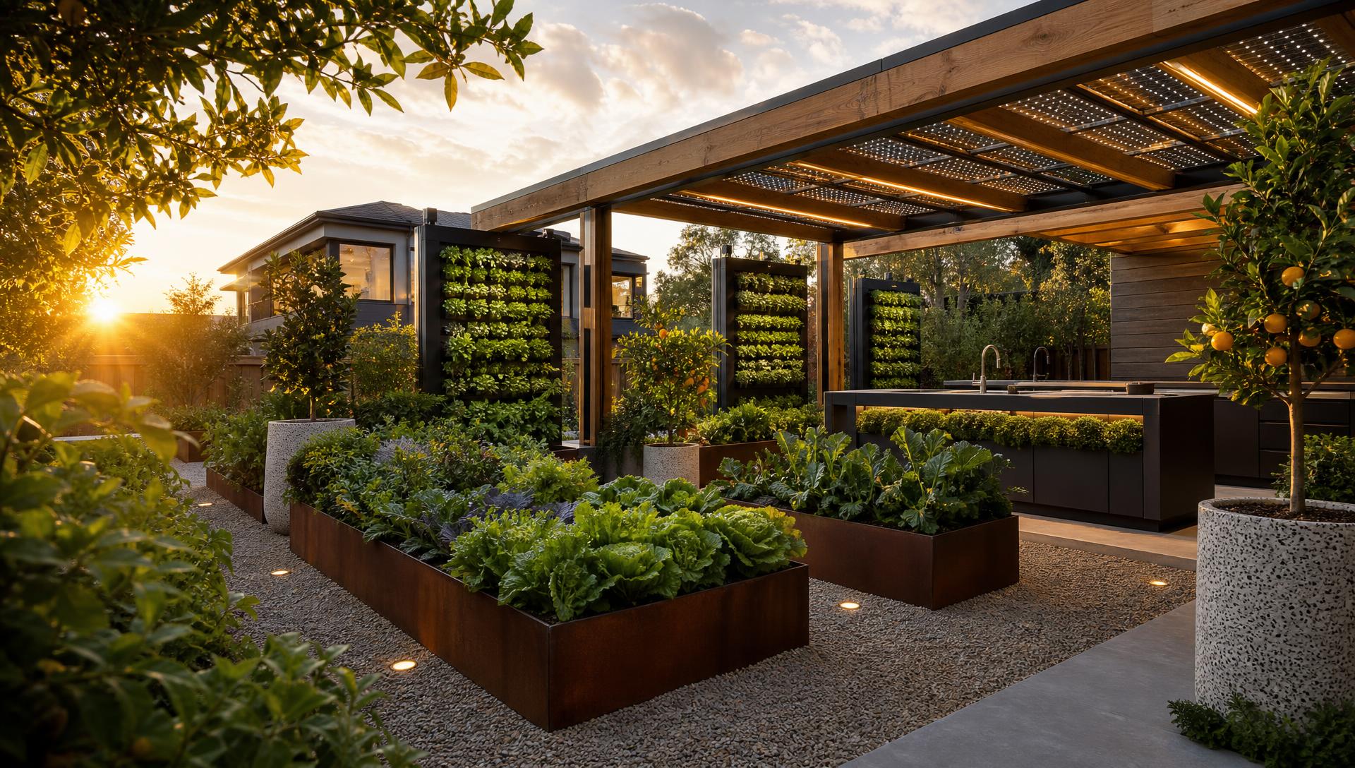 Sustainable edible garden with vertical herb walls solar pergola raised beds and citrus trees. Images Created by www.TinyHome-Revolution.com