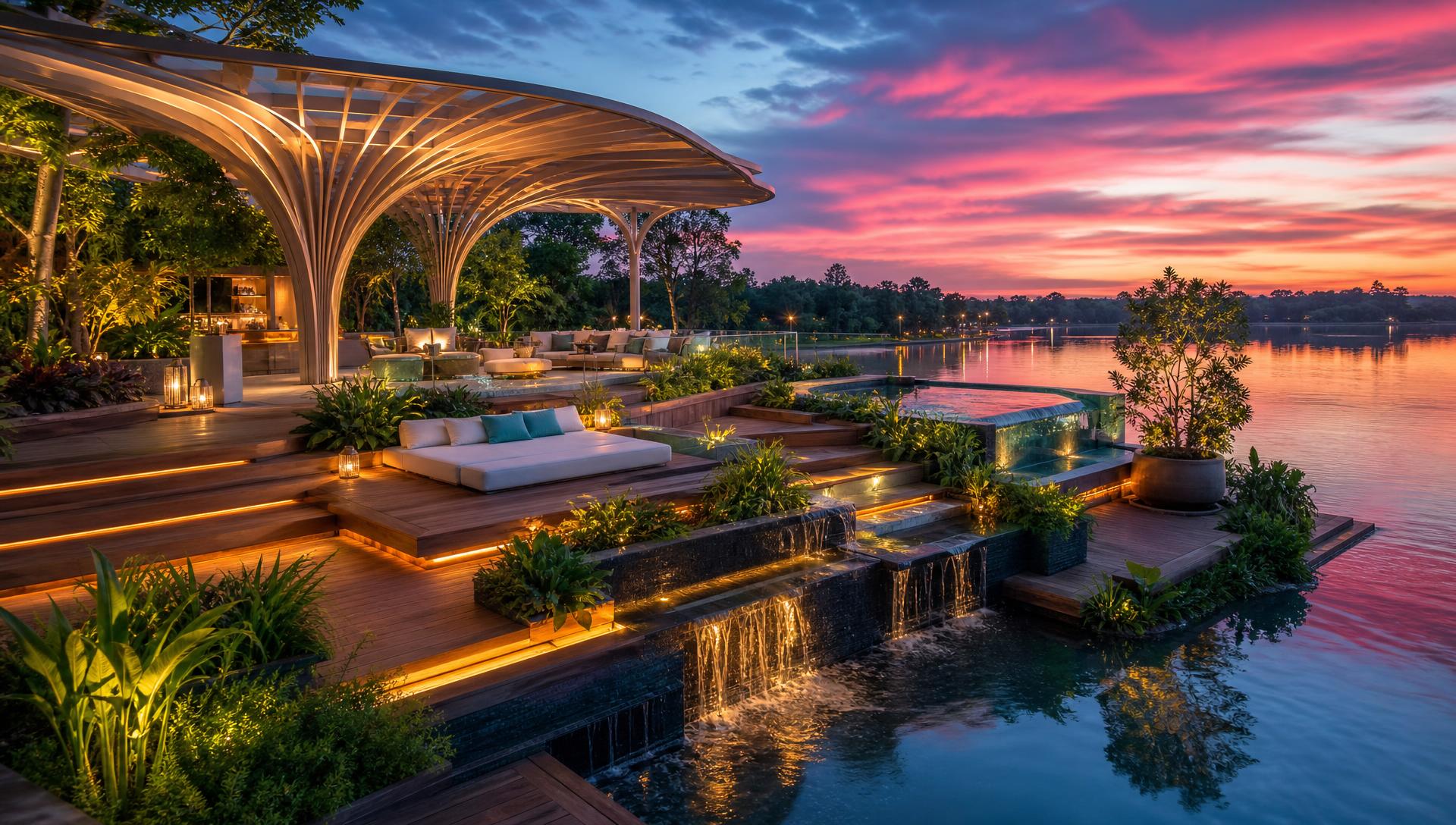Futuristic floating garden terrace over water with sculptural pergola waterfalls and sunset lighting. Images Created by www.TinyHome-Revolution.com