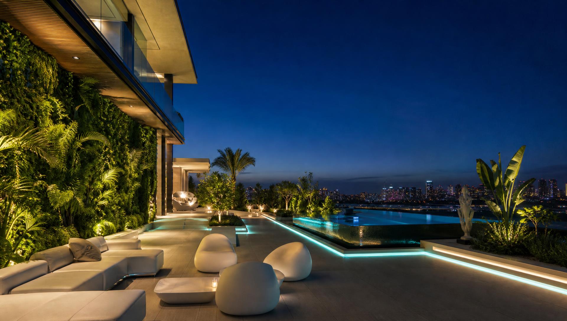 Futuristic rooftop garden with vertical green walls LED-lit infinity pool and sculptural white furniture. Images Created by www.TinyHome-Revolution.com