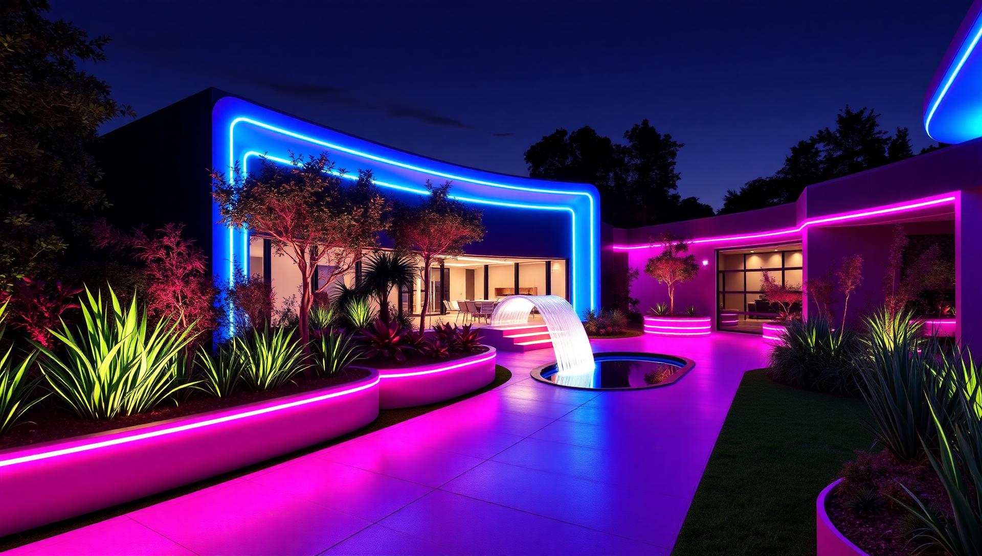 Modern Futuristic Garden Concepts Lighting, Form and Technology feature article LED lit planter walls, glowing geometric pathways, hydroponic living green. Images Created by www.TinyHome-Revolution.com