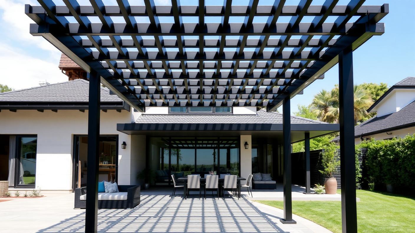 Modern Louvred Aluminium Pergola backyard design Forward Looking Motorised aluminium louvres tilt from full sun to full rain cover over. Images Created by www.TinyHome-Revolution.com