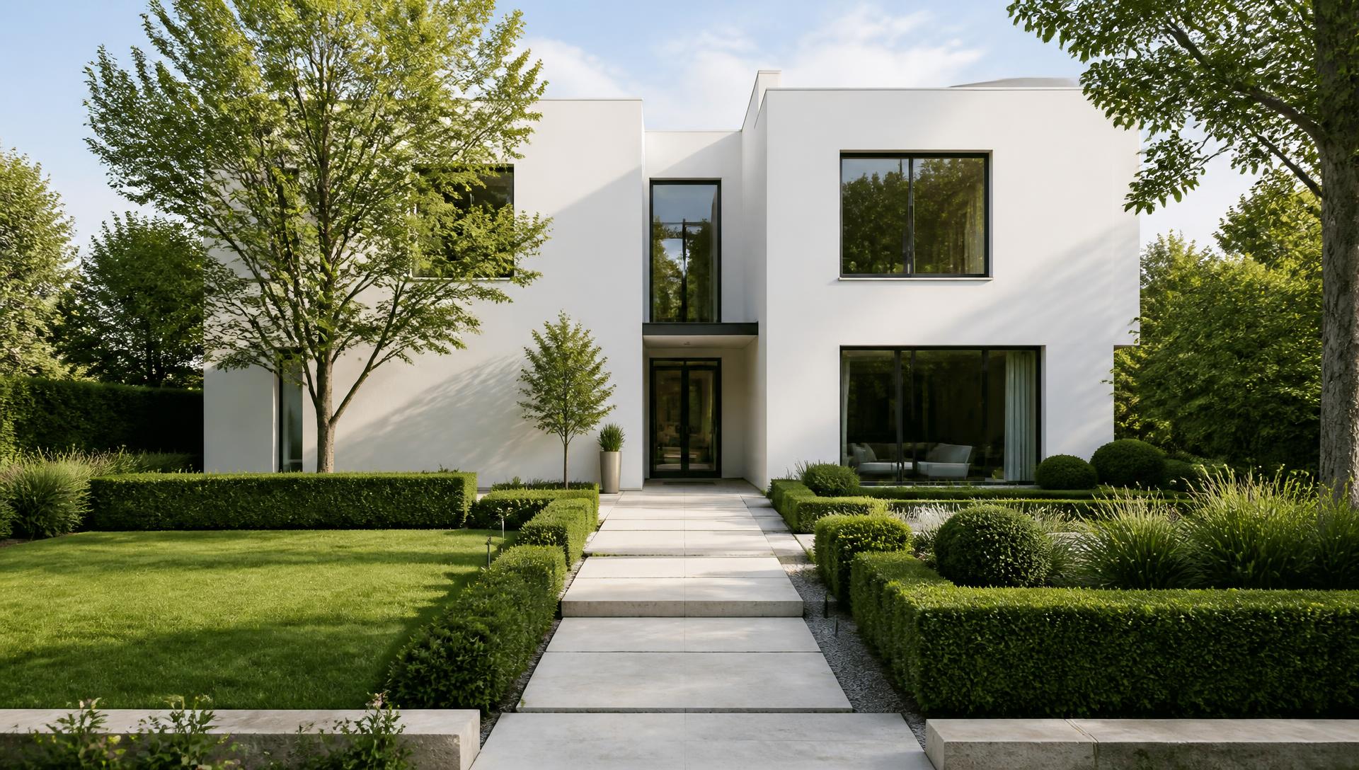 Pure Geometry Garden front yard design Forward Looking A minimalist white cubic house wrapped in clipped lawn panels, sculptural boxwood. Images Created by www.TinyHome-Revolution.com