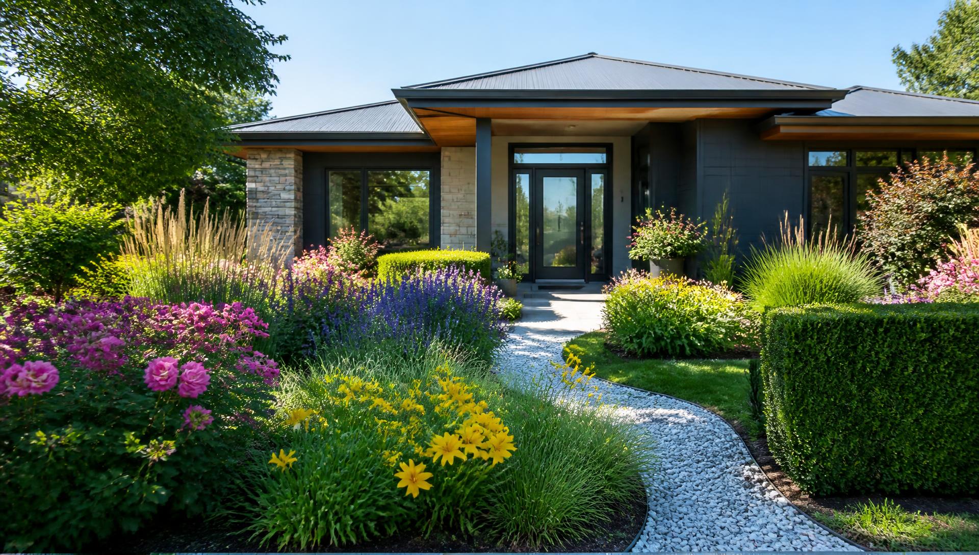 Painter's Palette Garden front yard design Forward Looking A contemporary single-storey home set in a front-to-back flower garden. Pink roses. Images Created by www.TinyHome-Revolution.com