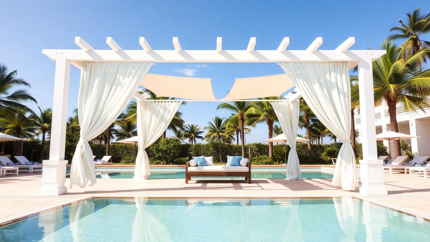 Resort Shade Cabana backyard design Forward Looking A freestanding poolside cabana with a solid roof, white linen curtains and daybeds. Images Created by www.TinyHome-Revolution.com