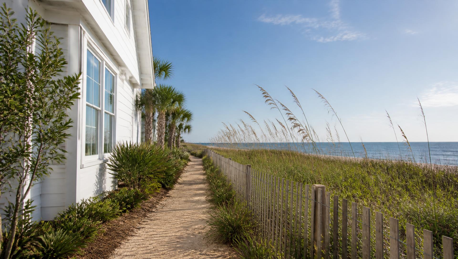 Coastal Dune Garden front yard design Left Side Property View A bright white beach house with timber decks and a. Images Created by www.TinyHome-Revolution.com