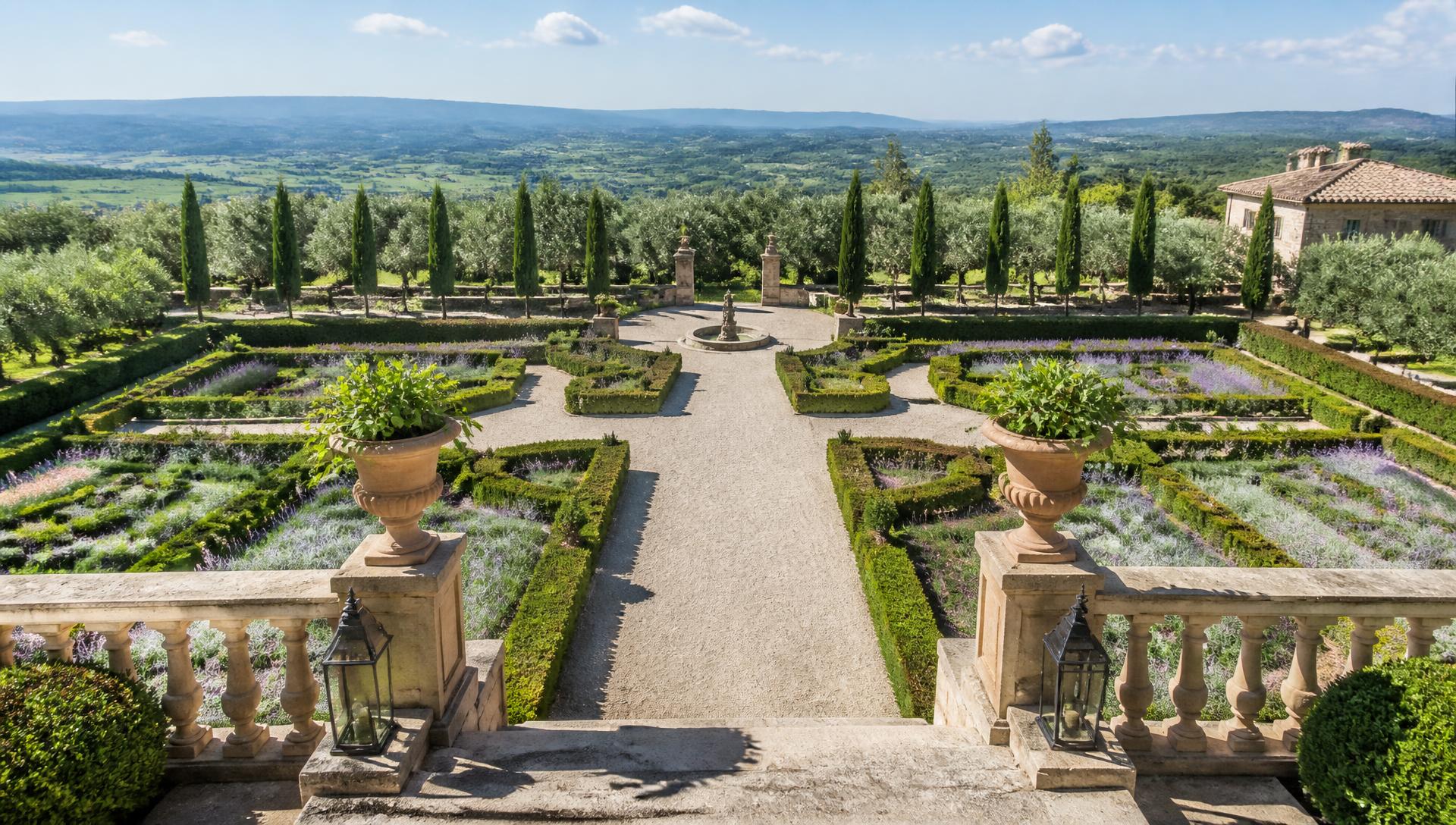 Tuscany Estate Gardens front yard design Rear Backyard Look A stone European chateau with terracotta roof tiles and formal parterre. Images Created by www.TinyHome-Revolution.com