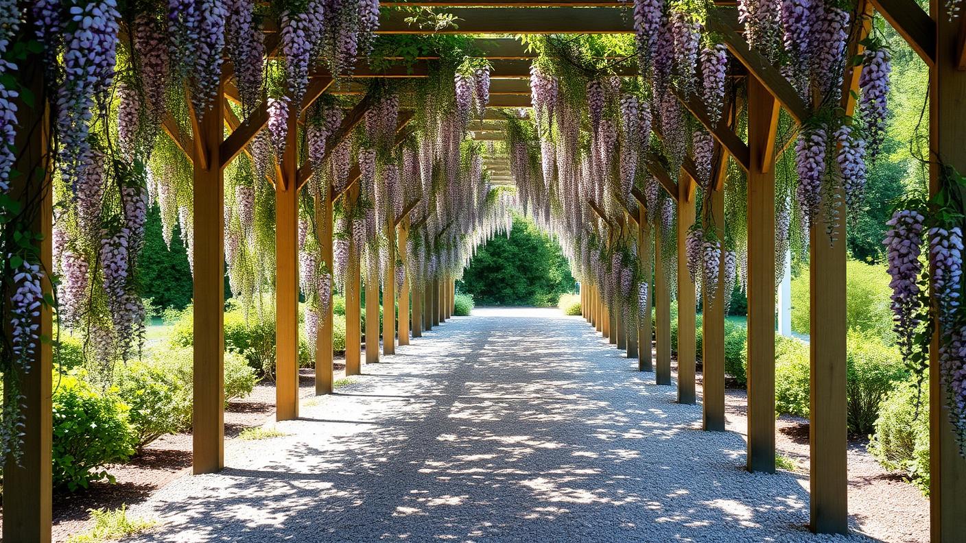 Vine Covered Arbour Walkway pergola shade structure Open rafter & vine A long run of posts and beams over a. Images Created by www.TinyHome-Revolution.com