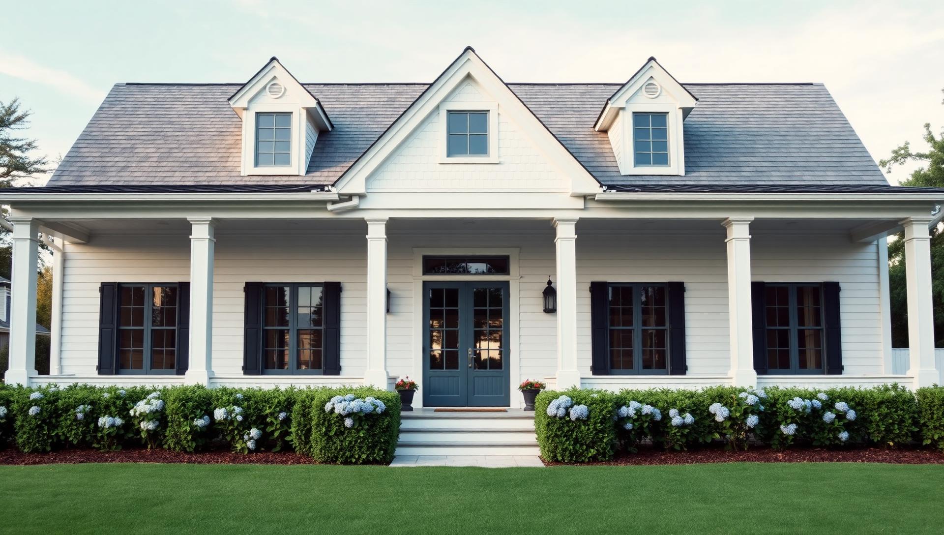 Hamptons Style Beach House Design Ideas for Gardens, Furniture and Interiors feature article White weatherboard, clipped box hedges, hydrangeas, striped. Images Created by www.TinyHome-Revolution.com