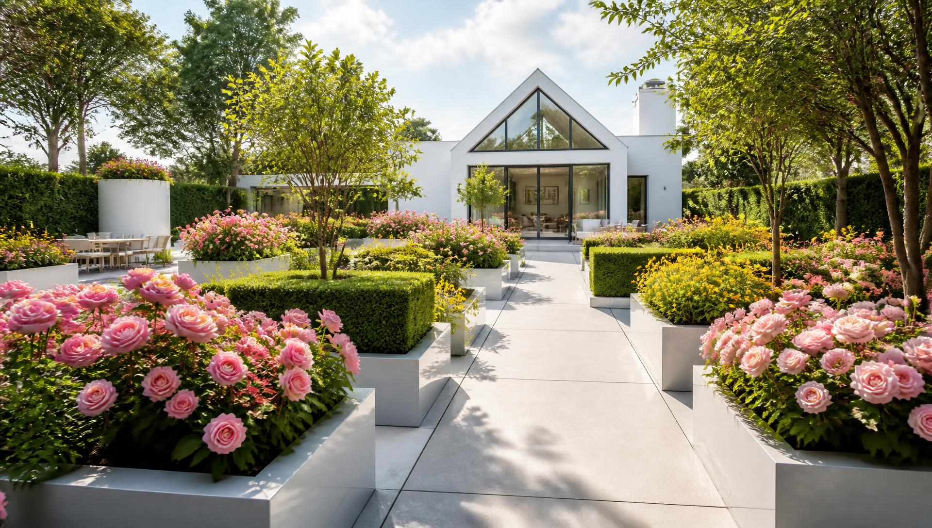 Modern futuristic cottage garden with pink roses yellow blooms clipped hedges bright white pavilion. Images Created by www.TinyHome-Revolution.com