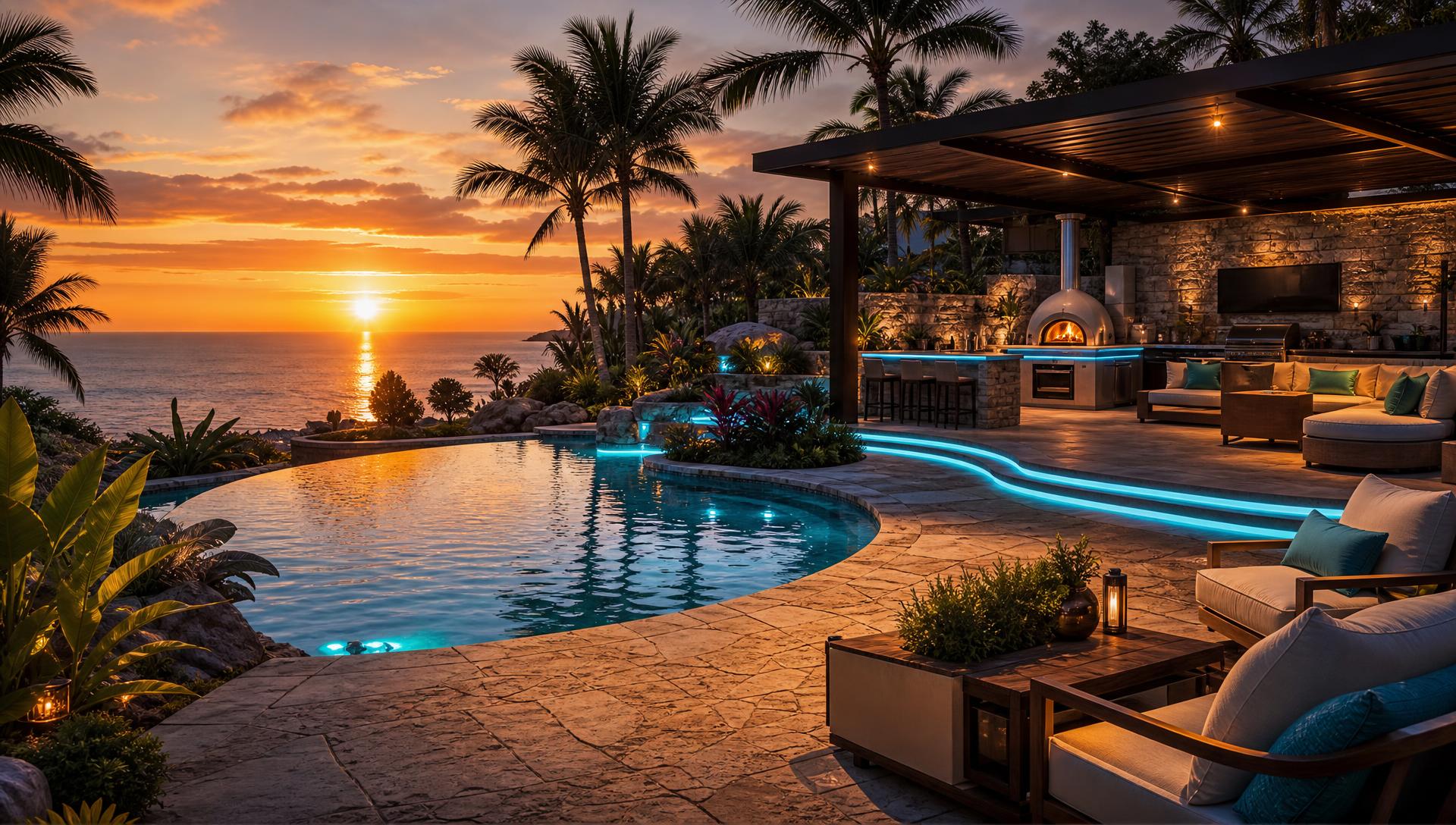 Tropical resort backyard with infinity swimming pool and modern outdoor furniture at golden hour. Images Created by www.TinyHome-Revolution.com