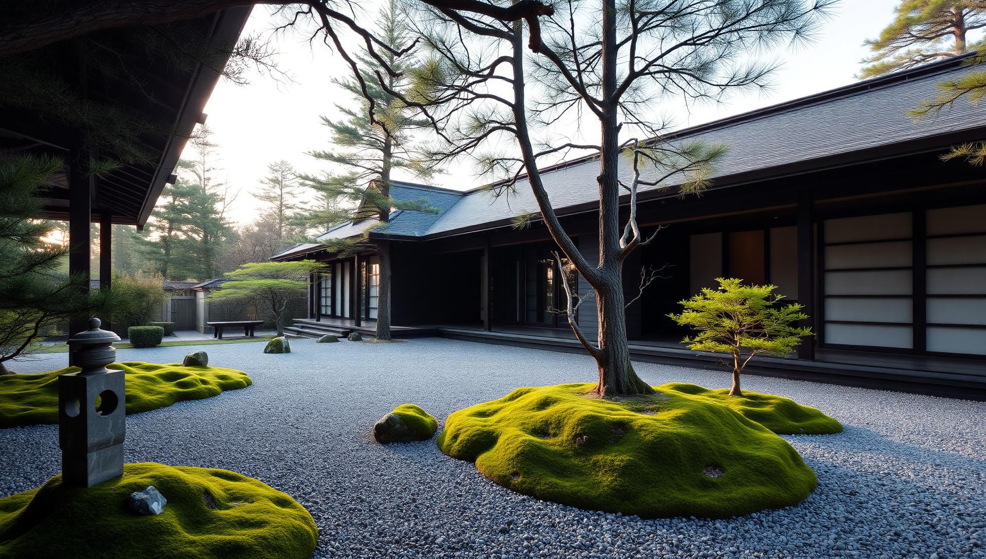 Japanese Garden Ideas and Concepts for Modern Japanese Style Homes feature article Raked gravel courtyards, moss and sculpted trees, koi. Images Created by www.TinyHome-Revolution.com