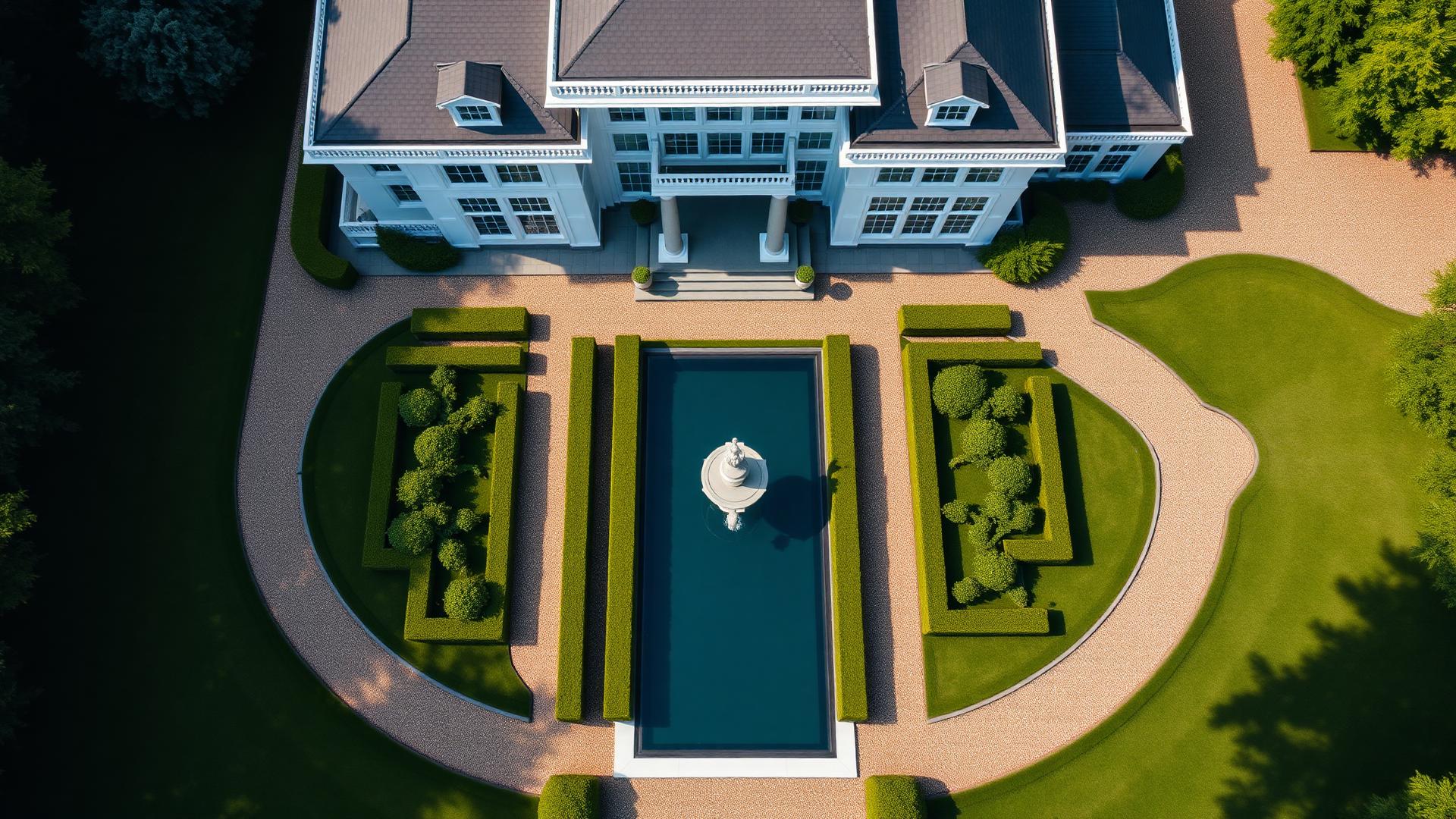 Modern Formal Estate backyard design Top / Drone View A grand two-storey residence arranged around a classical central axis symmetrical. Images Created by www.TinyHome-Revolution.com