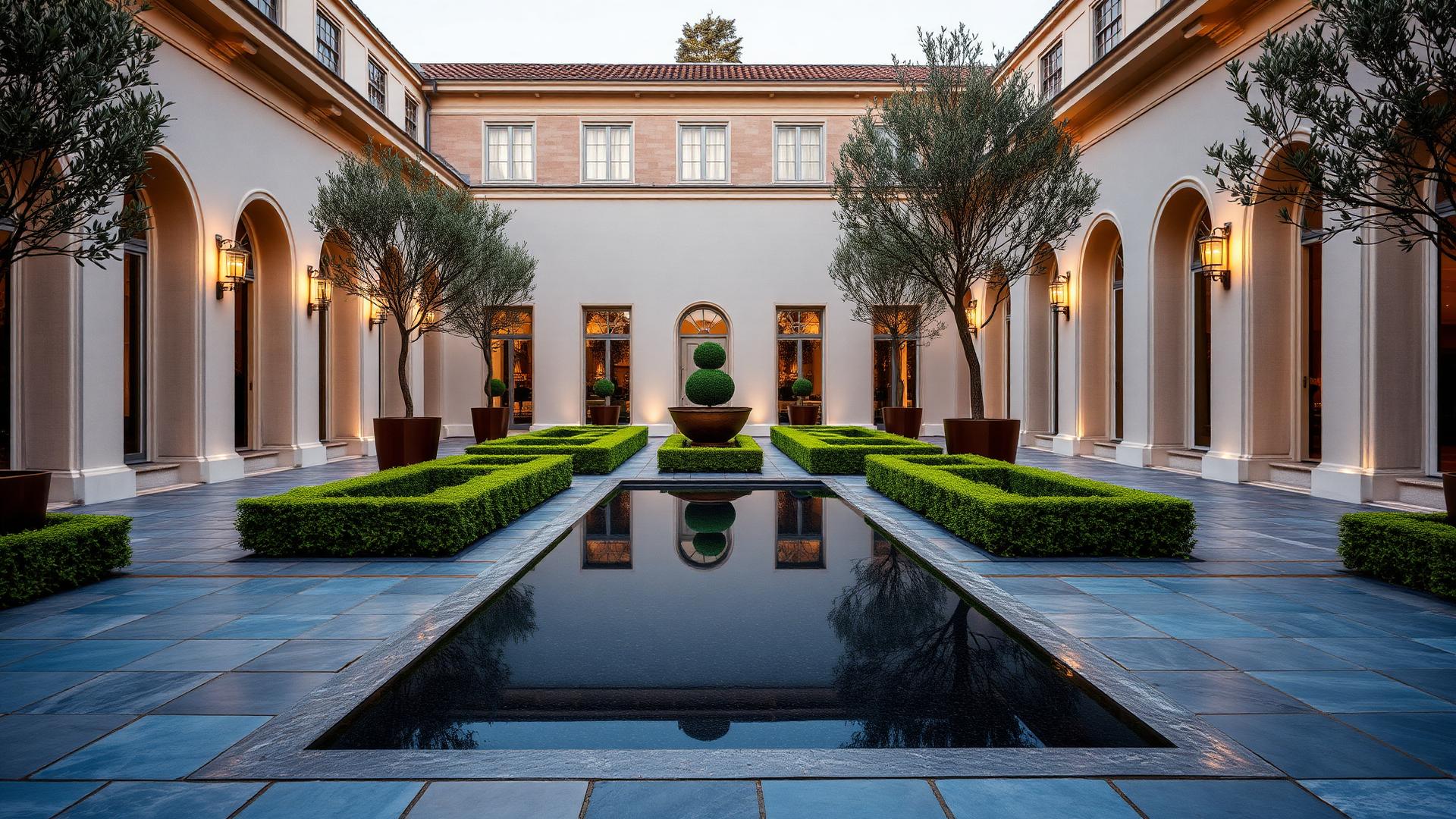 Bluestone Courtyard Formal backyard design Forward Looking A sawn bluestone paving grid holding clipped hedge parterres, a black granite reflection. Images Created by www.TinyHome-Revolution.com