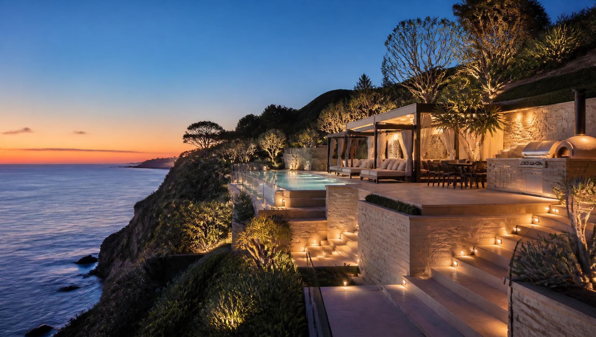 Clifftop Travertine Resort backyard design Left Side Property View Bleached travertine terraces step down a headland to a glass edge. Images Created by www.TinyHome-Revolution.com