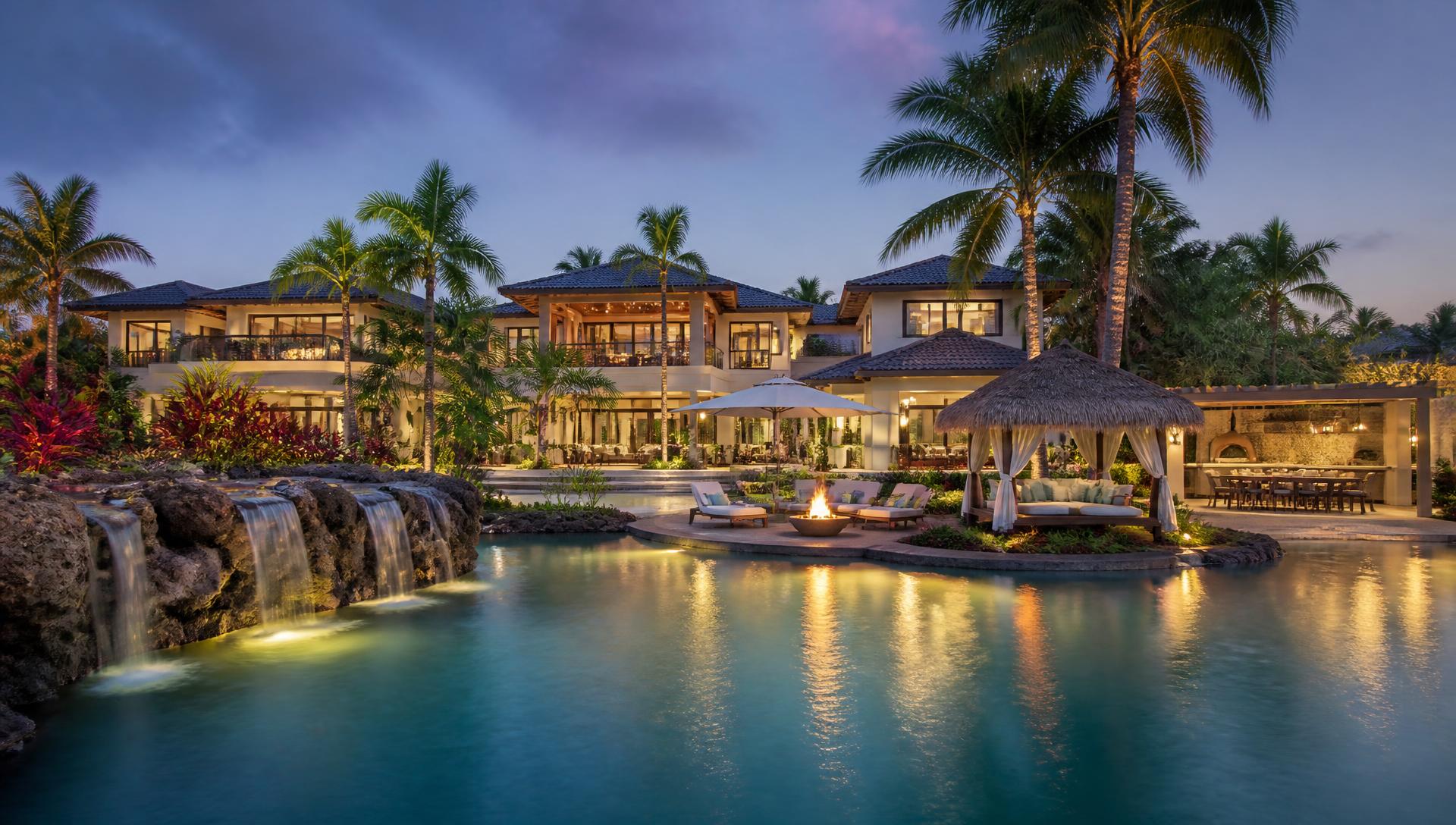 Lagoon Palm Grove Villa backyard design Rear Backyard Look A private resort garden built around a lagoon pool with rock. Images Created by www.TinyHome-Revolution.com