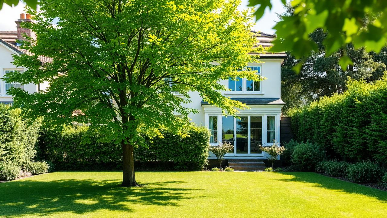 Mature feature tree casting dappled shade over a lush green lawn in a modern residential garden. Images Created by www.TinyHome-Revolution.com