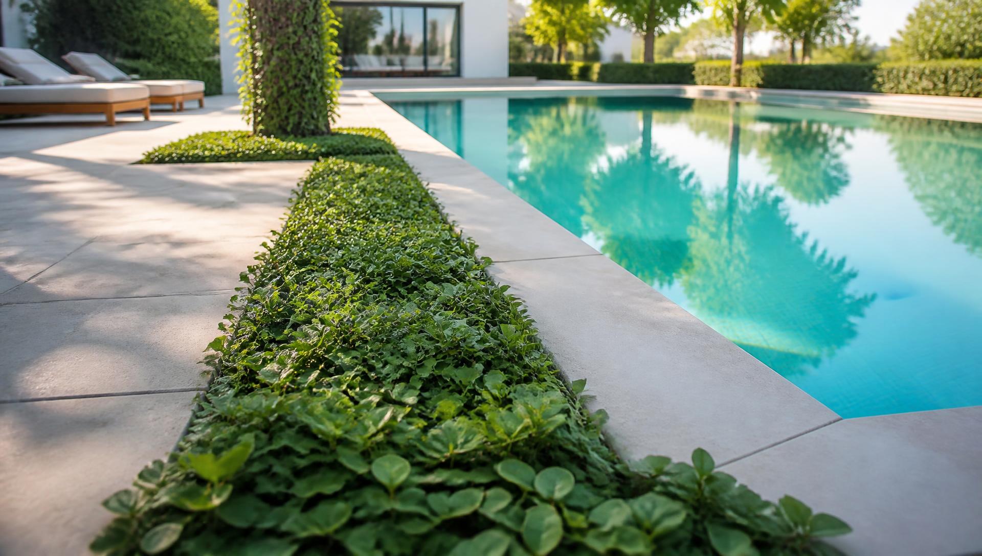 Green groundcover edging a modern luxury swimming pool with pale stone pavers. Images Created by www.TinyHome-Revolution.com