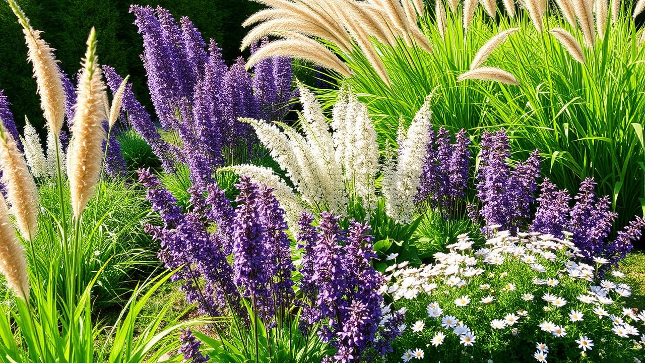 Colourful perennial border with ornamental grasses purple and white flowering plants modern. Images Created by www.TinyHome-Revolution.com