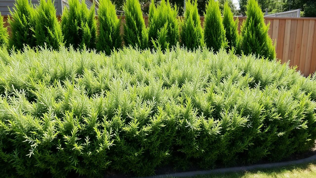 Dense massed evergreen shrubs and conifers creating privacy screening along a timber fence. Images Created by www.TinyHome-Revolution.com