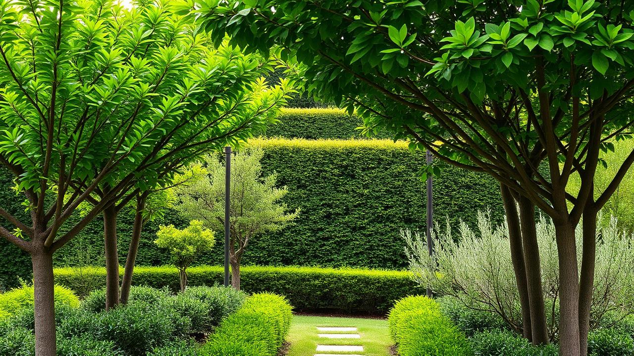 Layered garden understorey with small trees and tall shrubs framing a manicured hedge and stone path. Images Created by www.TinyHome-Revolution.com