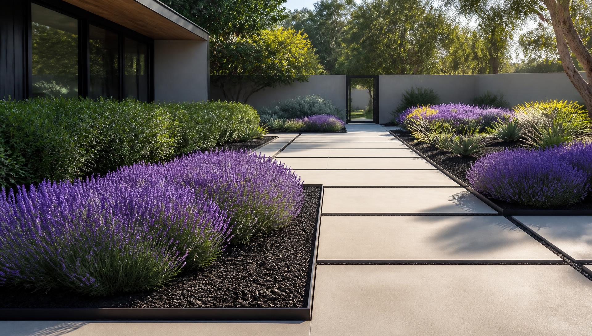 Low maintenance modern garden with lavender rows concrete pavers dark gravel beds. Images Created by www.TinyHome-Revolution.com