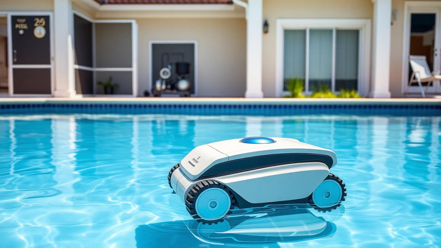 robotic pool cleaner working in a clear backyard swimming pool beside screened pump and filter equipment bay. Images Created by www.TinyHome-Revolution.com