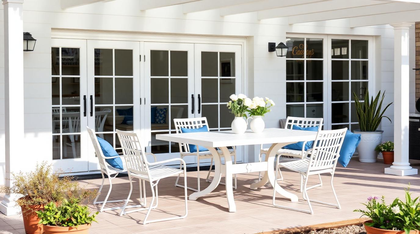 white powder coated aluminium outdoor dining set beside kitchen doors on a coastal patio. Images Created by www.TinyHome-Revolution.com
