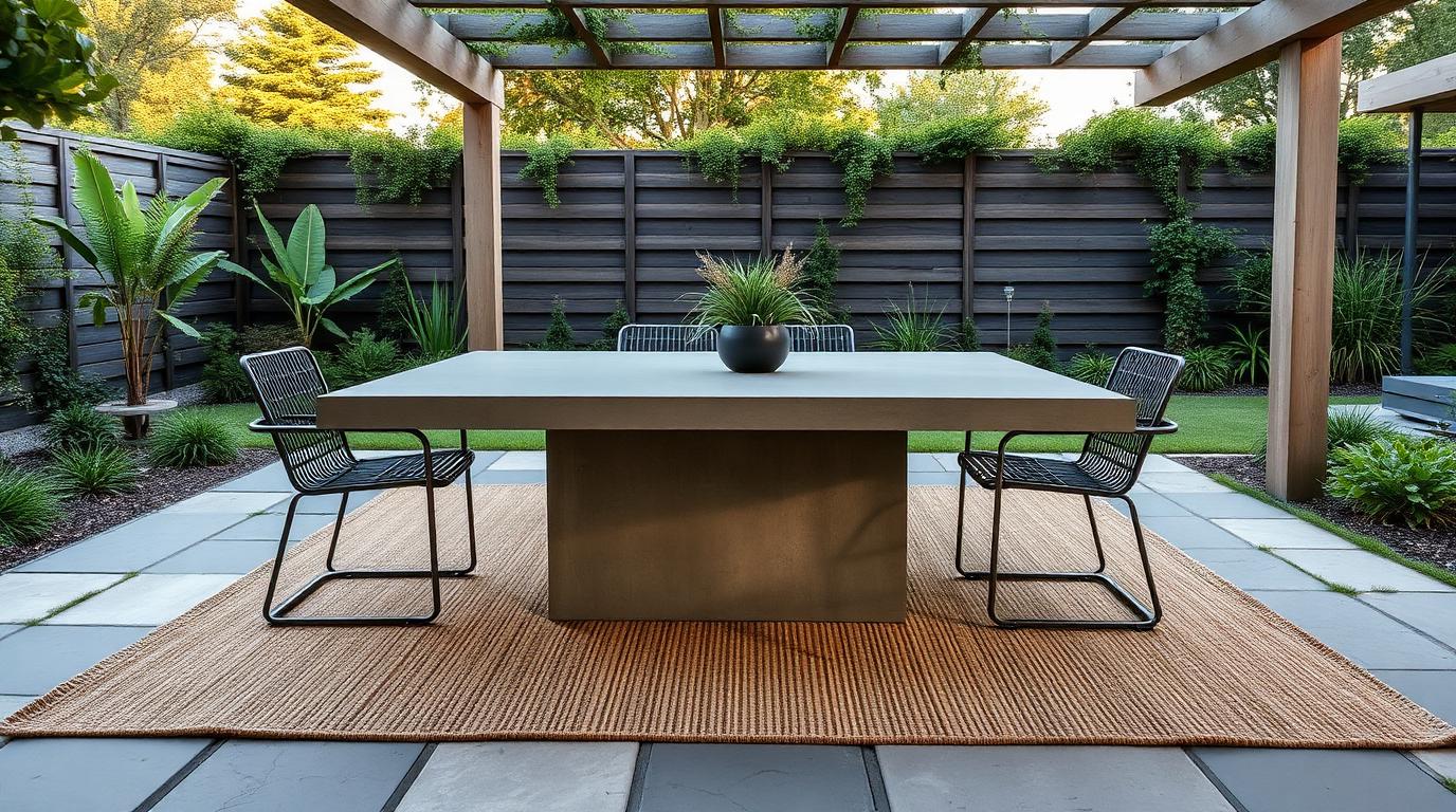 heavy concrete outdoor dining table on a textured rug under a modern pergola. Images Created by www.TinyHome-Revolution.com