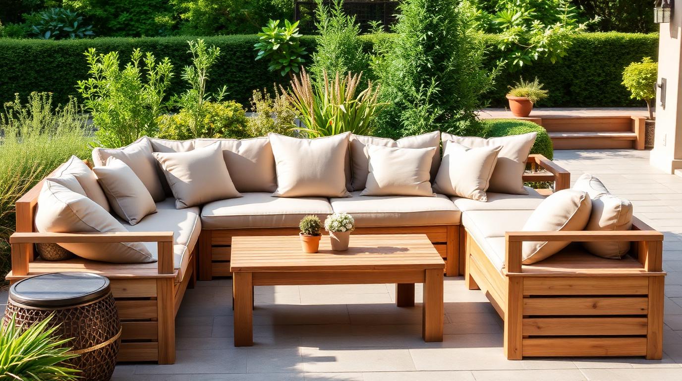 comfortable outdoor lounge with thick acrylic cushions and a wooden storage bench on a patio. Images Created by www.TinyHome-Revolution.com